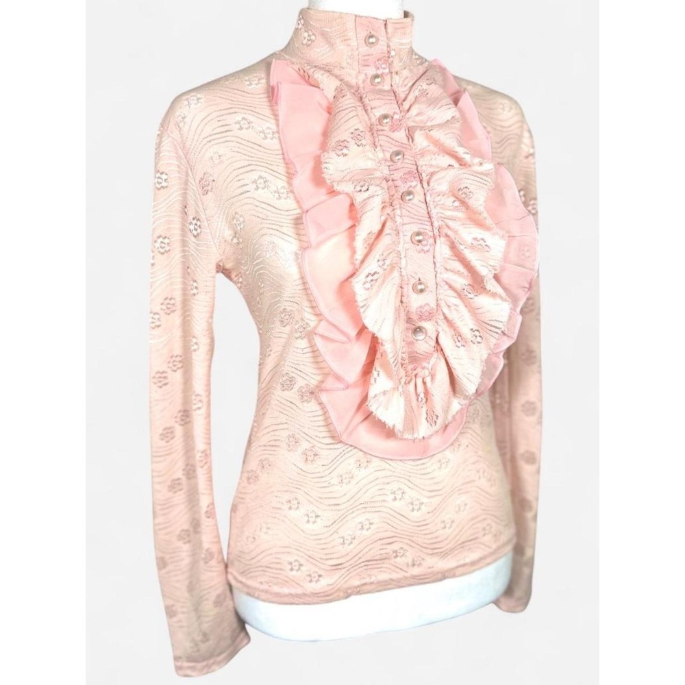 Vintage 70s Pink Ruffled Blouse, Coquette Floral, Size Small